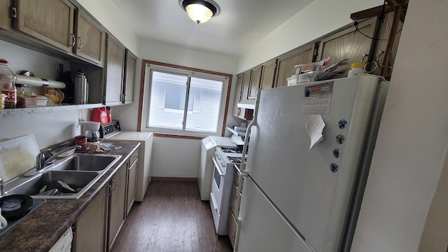 6084 Fremont Dr Unit 6084, Hanover Park, IL 60133 - kitchen with washer / clothes dryer, baseboards, a sink, white appliances, and dark wood-type flooring