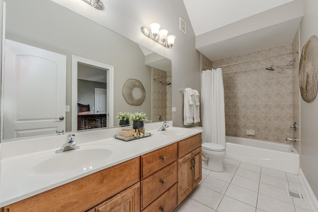 bathroom with shower / bathtub combination with curtain, visible vents, tile patterned flooring, and a sink