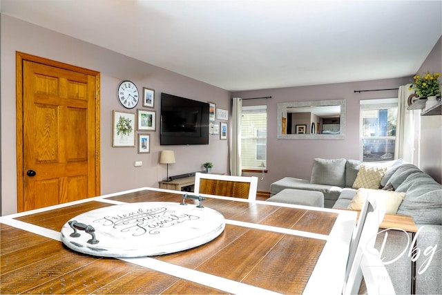 living room with baseboards, wood finished floors, and a healthy amount of sunlight