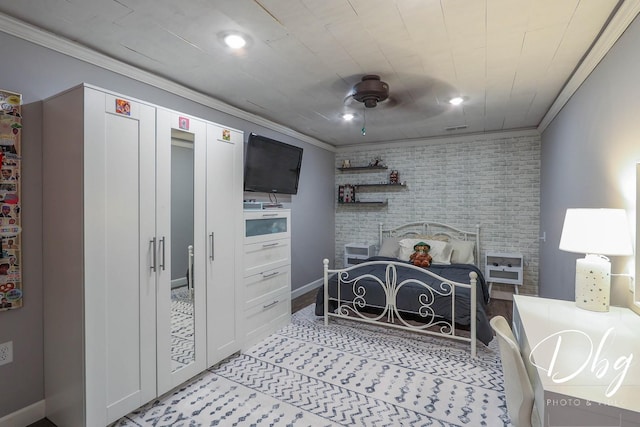 bedroom featuring recessed lighting, ceiling fan, ornamental molding, and light tile patterned floors