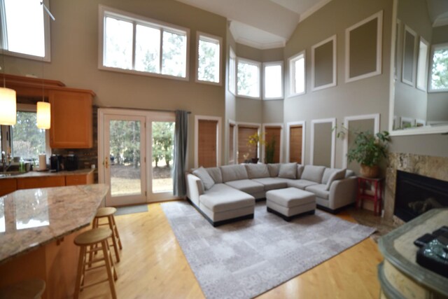 kitchen with stainless steel appliances, high vaulted ceiling, light wood-style flooring, a center island, and backsplash