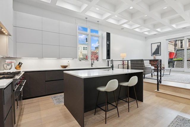 1431 N Mohawk St, Chicago, IL 60610 - kitchen with modern cabinets, high end stainless steel range, light wood finished floors, a breakfast bar, and beam ceiling