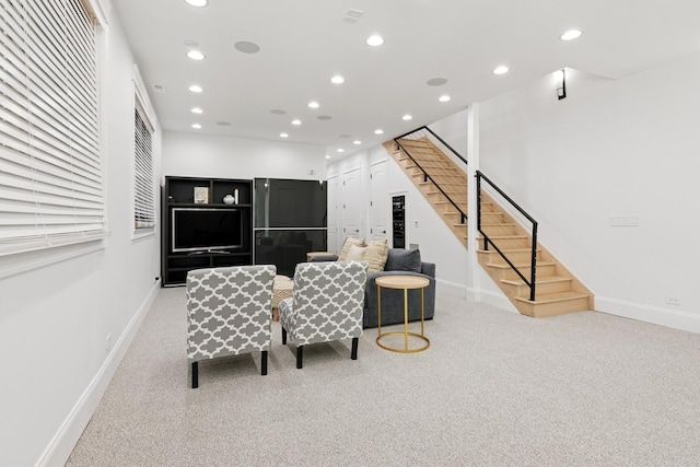 1431 N Mohawk St, Chicago, IL 60610 - carpeted living room featuring stairs, baseboards, and recessed lighting