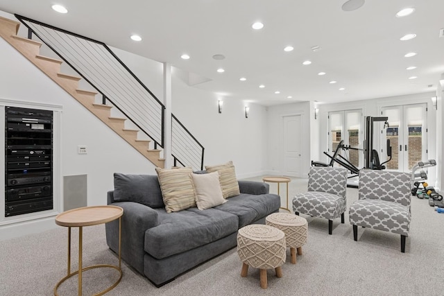 1431 N Mohawk St, Chicago, IL 60610 - living room featuring light carpet, stairs, recessed lighting, and beverage cooler