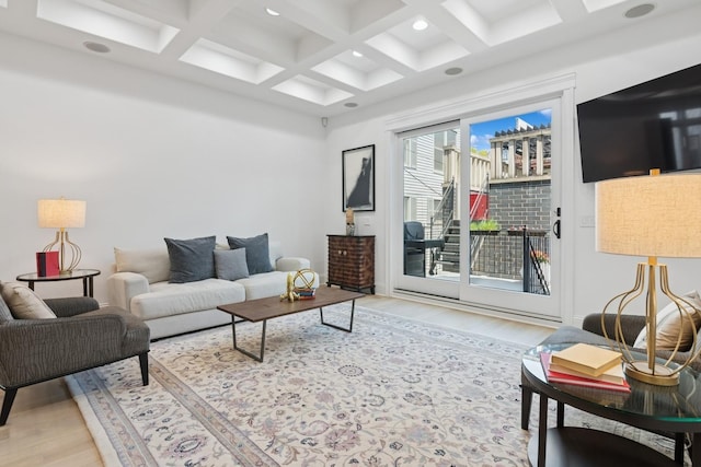 1431 N Mohawk St, Chicago, IL 60610 - living area featuring wood finished floors, beam ceiling, coffered ceiling, and recessed lighting