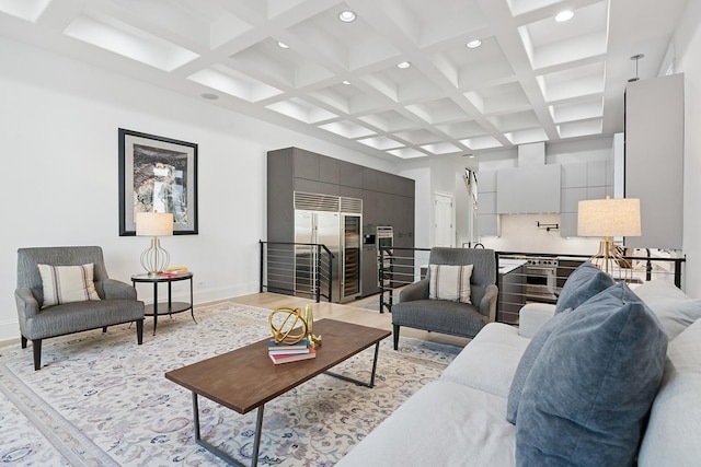 1431 N Mohawk St, Chicago, IL 60610 - living room with recessed lighting, beamed ceiling, baseboards, coffered ceiling, and a high ceiling