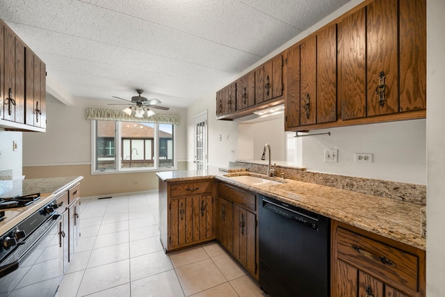 9810 Mill Dr W Unit 1B, Palos Park, IL 60464 - kitchen with range with gas stovetop, a sink, dishwasher, ceiling fan, and a peninsula