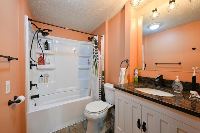 bathroom with toilet, a textured ceiling, shower / bath combination with curtain, and vanity