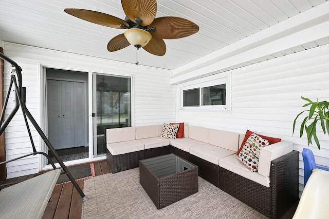 view of patio with ceiling fan and an outdoor hangout area
