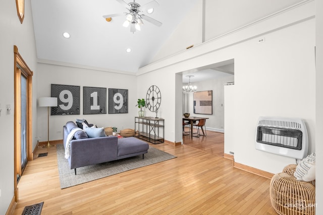 7324 W Lunt Ave, Chicago, IL 60631 - living area featuring recessed lighting, heating unit, visible vents, light wood-style floors, and high vaulted ceiling