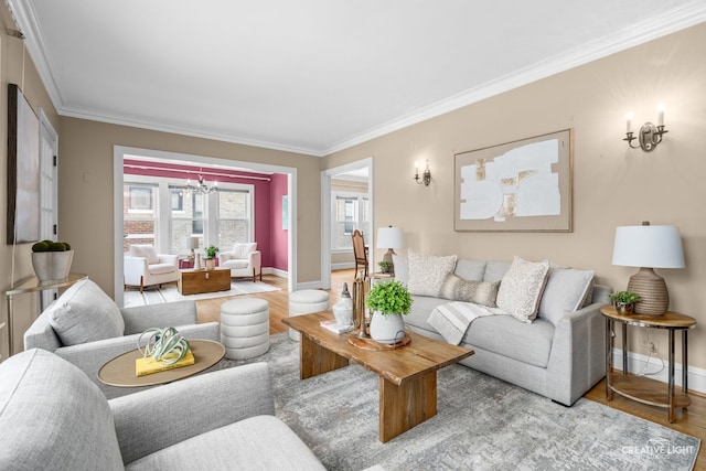 7324 W Lunt Ave, Chicago, IL 60631 - living room with baseboards, ornamental molding, a chandelier, and wood finished floors