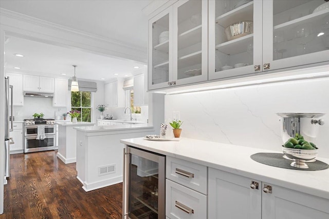 bar with visible vents, wine cooler, under cabinet range hood, dark wood finished floors, and double oven range
