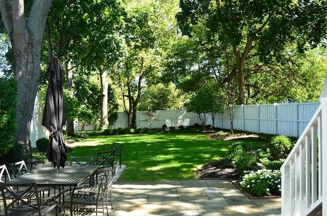 view of yard featuring outdoor dining area, a fenced backyard, and a patio area