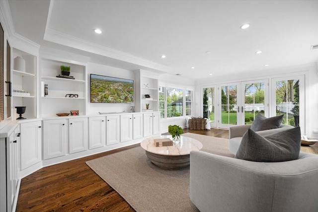 living room featuring recessed lighting, ornamental molding, and dark wood-style flooring