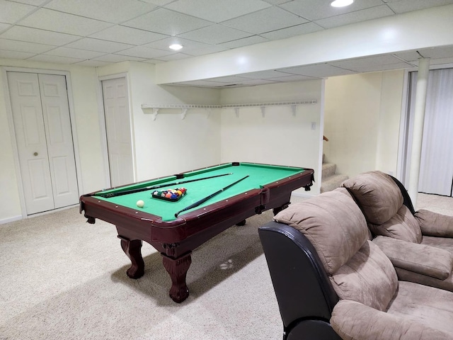 playroom with a paneled ceiling, pool table, carpet floors, and visible vents