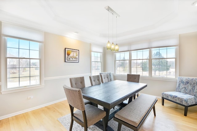dining space with a raised ceiling, plenty of natural light, baseboards, and light wood-style flooring