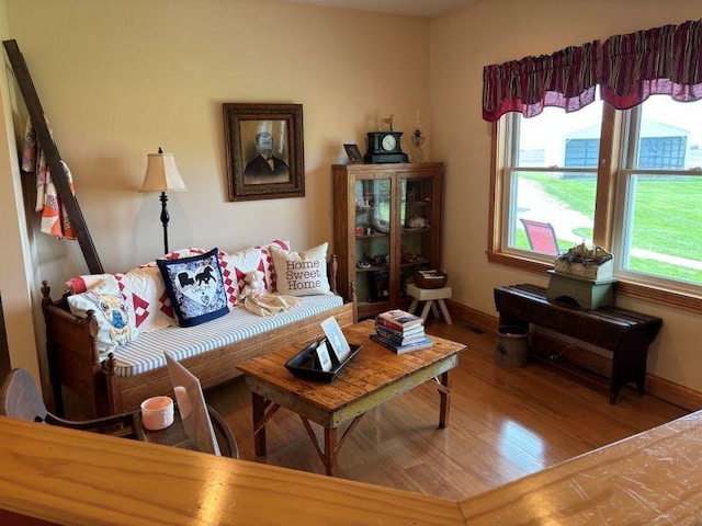 living room with wood finished floors, a wealth of natural light, and baseboards