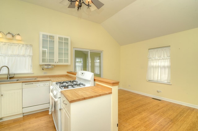 2816 Stilling Blvd, Mchenry, IL 60050 - kitchen featuring white appliances, butcher block countertops, a sink, a ceiling fan, and light wood-type flooring