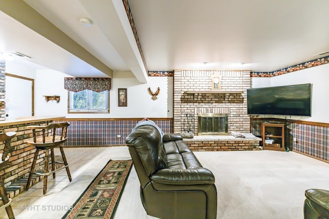 1127 Alpine Ln, Lemont, IL 60439 - living room featuring a brick fireplace, visible vents, and wainscoting