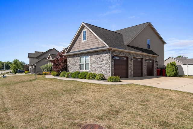 1101 Cascade Dr, Savoy, IL 61874 - view of property exterior featuring driveway, an attached garage, a shingled roof, and stone siding