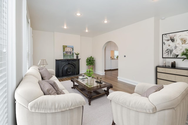 1005 Hovey Ave, Normal, IL 61761 - living room featuring baseboards, arched walkways, wood finished floors, and recessed lighting