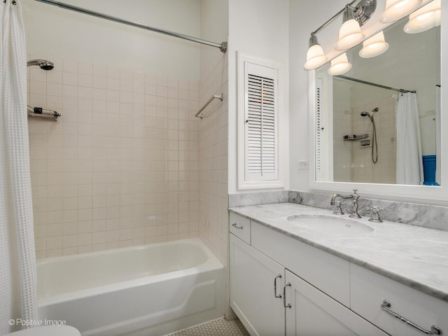 full bath with vanity and shower / tub combo with curtain