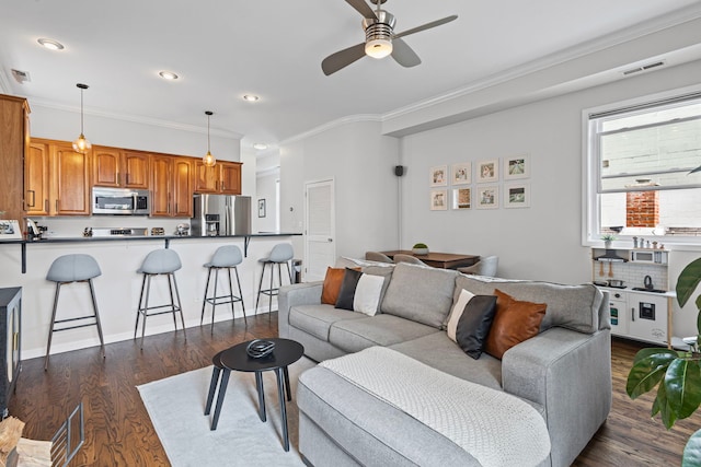 1942 W Armitage Ave Unit 2, Chicago, IL 60622 - living room featuring ceiling fan, crown molding, dark wood finished floors, and recessed lighting
