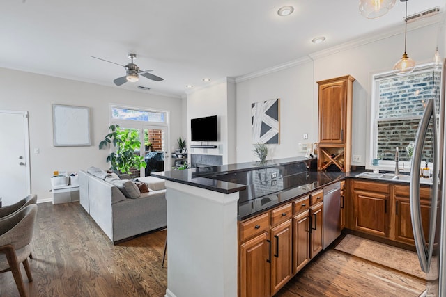 1942 W Armitage Ave Unit 2, Chicago, IL 60622 - kitchen with open floor plan, stainless steel dishwasher, ceiling fan, dark wood-type flooring, and crown molding