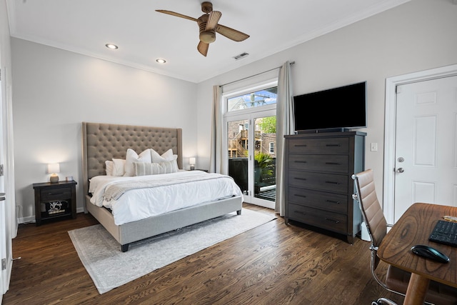1942 W Armitage Ave Unit 2, Chicago, IL 60622 - bedroom with access to exterior, dark wood-style floors, ornamental molding, recessed lighting, and ceiling fan