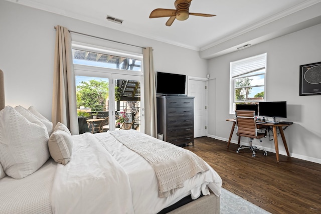 1942 W Armitage Ave Unit 2, Chicago, IL 60622 - bedroom featuring ornamental molding, a desk, access to outside, dark wood-style flooring, and a ceiling fan