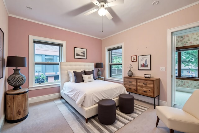 1331 W Greenleaf Ave Unit 2, Chicago, IL 60626 - bedroom featuring light carpet, baseboards, crown molding, a ceiling fan, and access to exterior