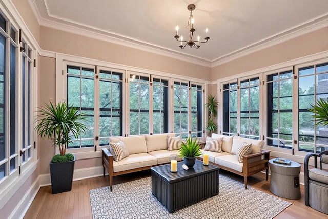 1331 W Greenleaf Ave Unit 2, Chicago, IL 60626 - sunroom / solarium with a chandelier, wood finished floors, ornamental molding, baseboards, and french doors