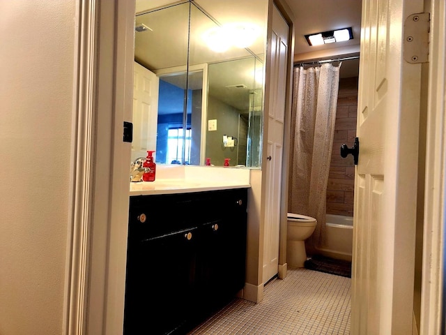 full bath with vanity, toilet, tile patterned floors, and shower / bath combination with curtain