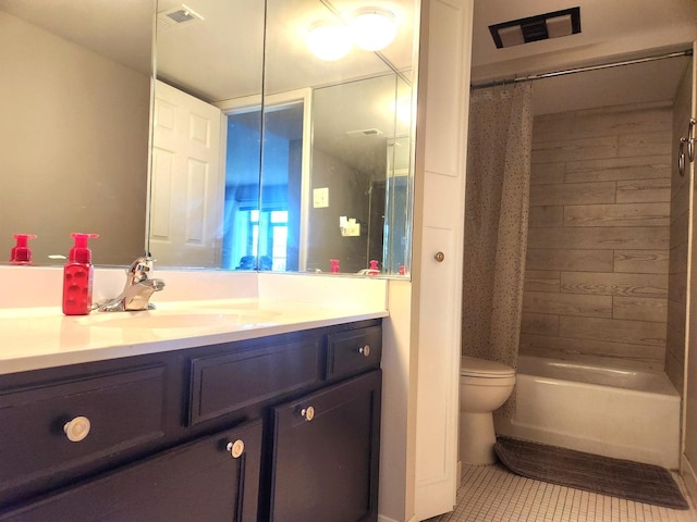 full bath with tile patterned flooring, toilet, vanity, and shower / bath combo with shower curtain