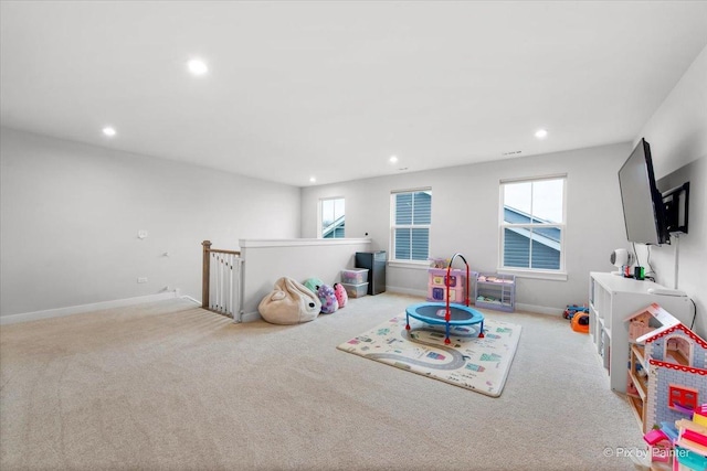 game room featuring recessed lighting, carpet floors, and baseboards