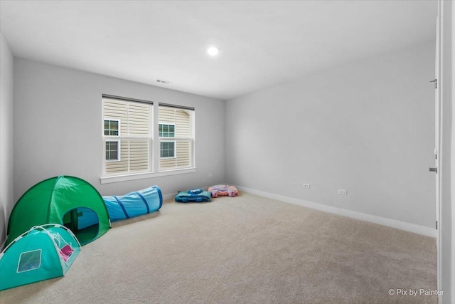 game room featuring baseboards, carpet flooring, visible vents, and recessed lighting