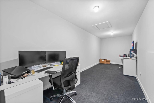 office featuring attic access, baseboards, and dark colored carpet