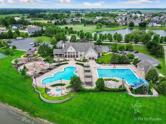 drone / aerial view featuring a water view