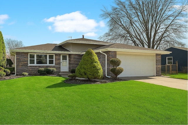 ranch-style home with concrete driveway, a garage, a front lawn, and brick siding