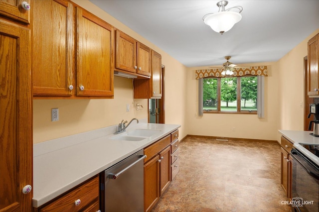 1231 Anthony Ln, Sandwich, IL 60548 - kitchen with stainless steel dishwasher, a sink, a ceiling fan, brown cabinets, and light countertops