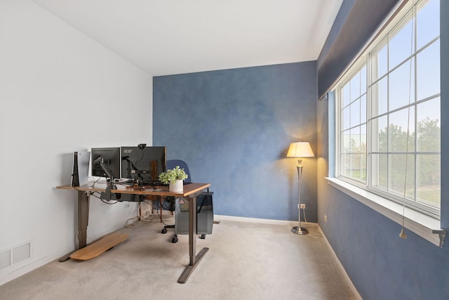 home office featuring baseboards, visible vents, and carpet