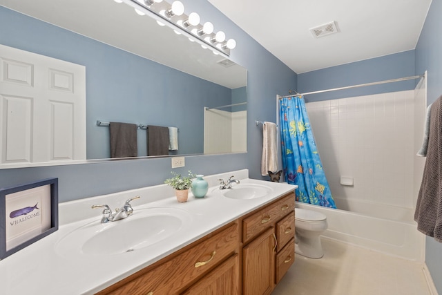 bathroom with visible vents, a sink, shower / bath combo, and double vanity