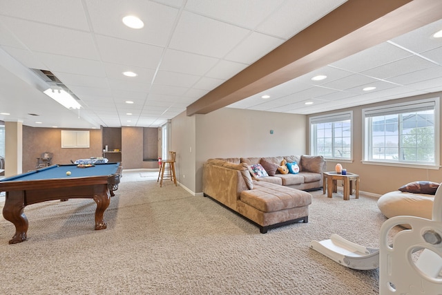 playroom featuring recessed lighting, a drop ceiling, and carpet flooring