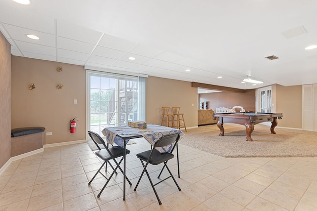 dining area with visible vents, recessed lighting, baseboards, and light tile patterned floors