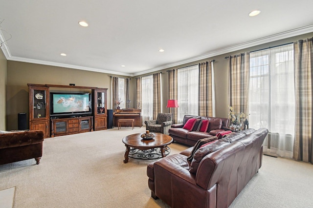 1037 Moray Dr, Inverness, IL 60010 - living room with light carpet, ornamental molding, and recessed lighting
