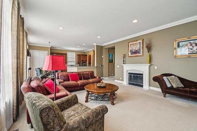 1037 Moray Dr, Inverness, IL 60010 - living area featuring a fireplace with flush hearth, light carpet, crown molding, and recessed lighting