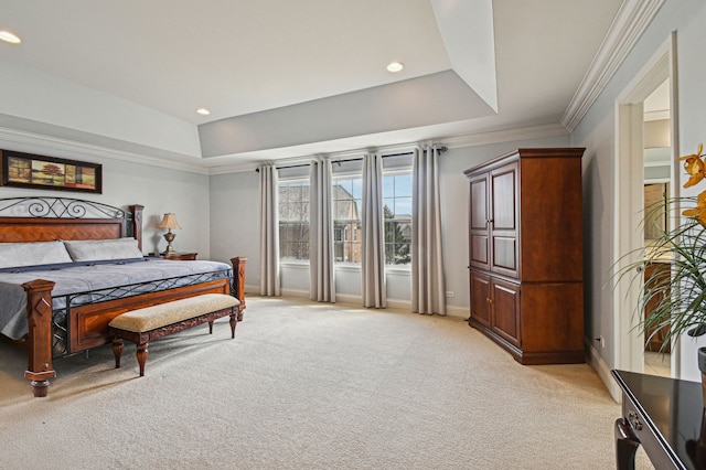 1037 Moray Dr, Inverness, IL 60010 - bedroom featuring baseboards, recessed lighting, light colored carpet, crown molding, and a raised ceiling