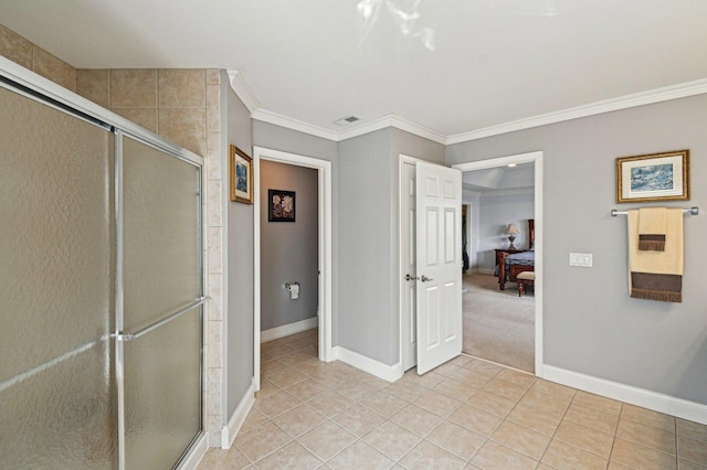 1037 Moray Dr, Inverness, IL 60010 - ensuite bathroom with tile patterned floors, visible vents, ornamental molding, and a stall shower