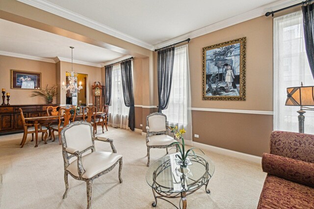 1037 Moray Dr, Inverness, IL 60010 - living area featuring light carpet, baseboards, a notable chandelier, and ornamental molding