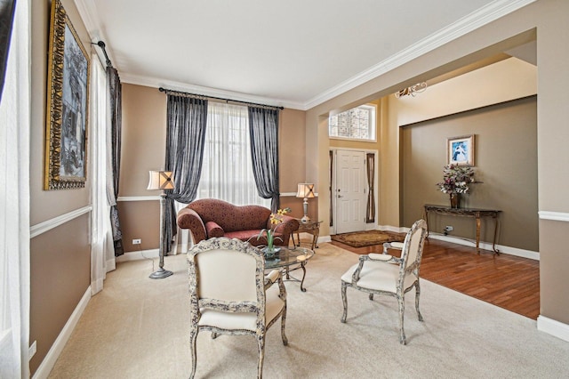 1037 Moray Dr, Inverness, IL 60010 - carpeted living room with wood finished floors, baseboards, and crown molding